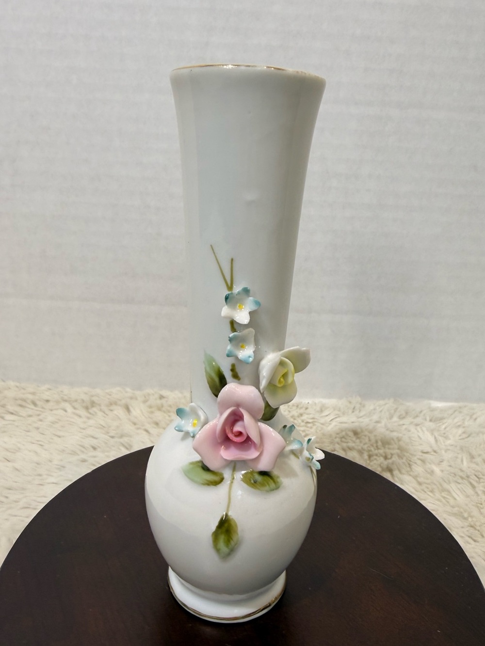 Vintage Lefton China bud vase with 3D applied floral sprays